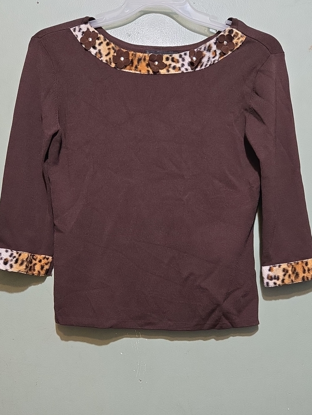 J.A.C. Brown Top with Leopard Trim & Flower Accents